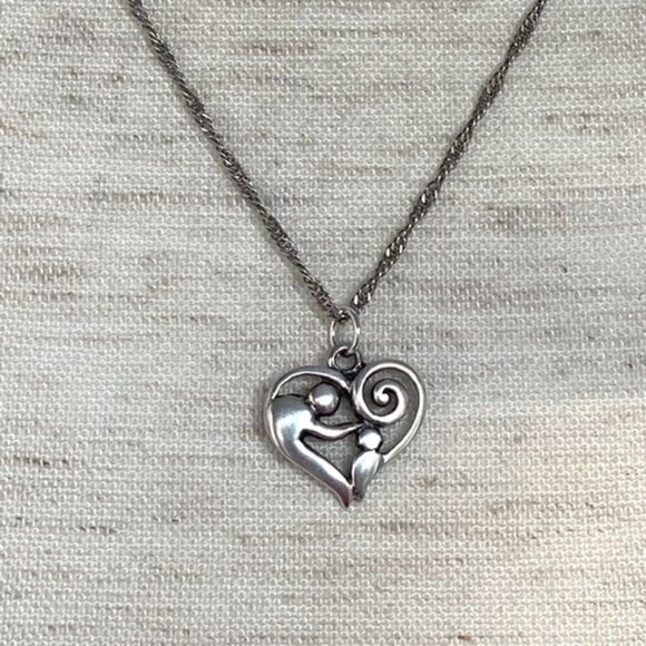 Sterling Silver 925 Mother & Child Scrollwork Heart Pendant Necklace 18" Chain - Picture 8 of 16